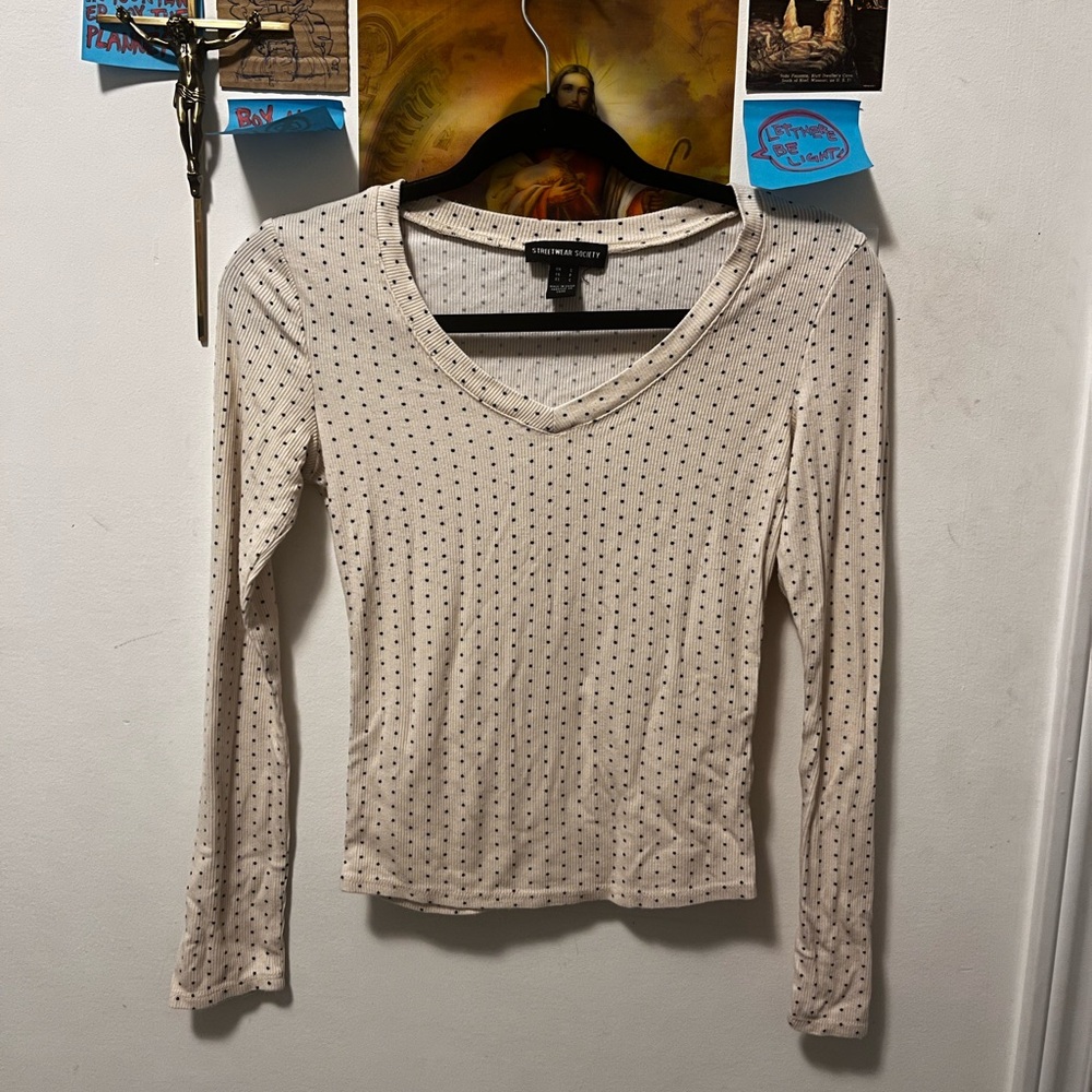 Cream and Navy Polka Dot Long Sleeve Scooped V-Neck